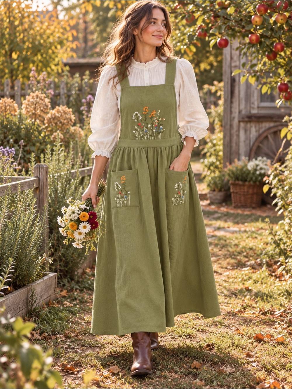 Green Floral Embroidered Overall Dress Size Small Cottagecore Folk
